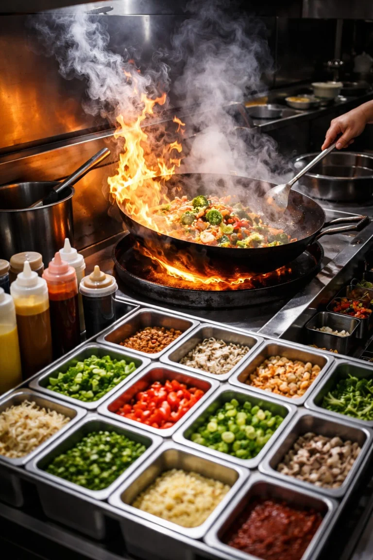 Stir-fry cooking in a restaurant wok beside open containers of sauces and ingredients
