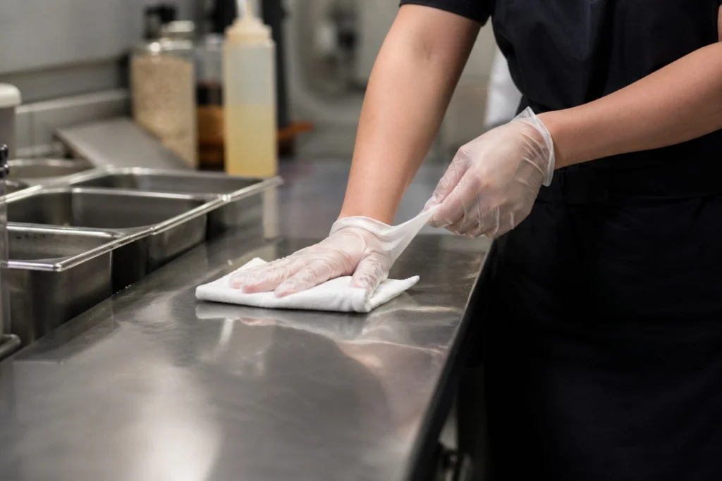 Restaurant employee cleaning a food preparation surface before handling a gluten-free order