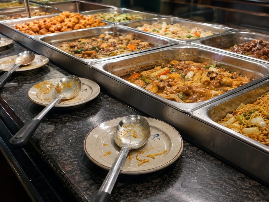 Shared serving utensils and trays at a Chinese restaurant buffet