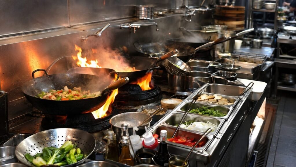 Chinese restaurant ingredients and shared cooking equipment on a preparation line