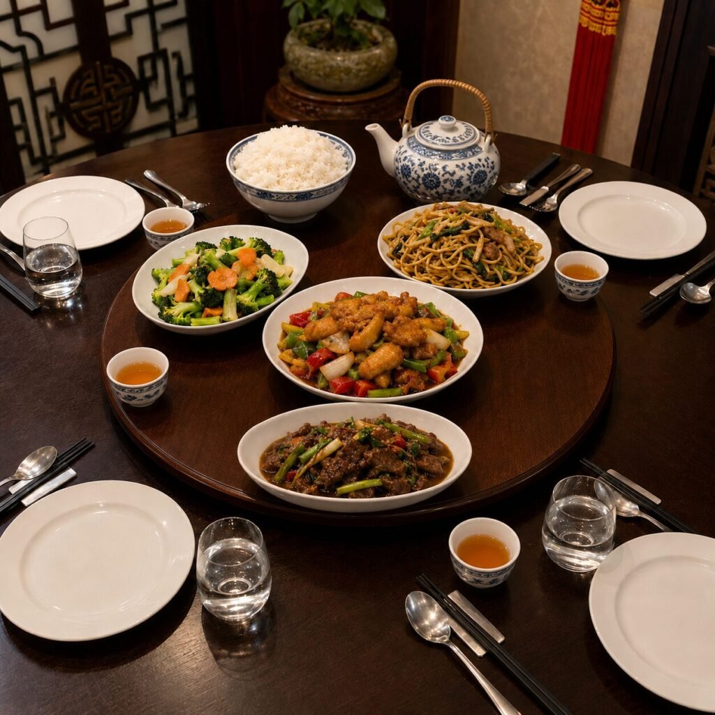 Simple Chinese restaurant meal arranged on a dining table
