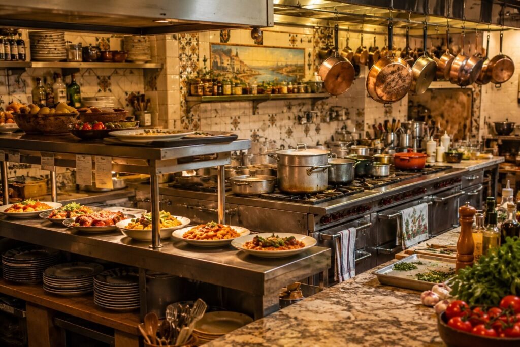 Busy Italian restaurant kitchen with pasta, pizza, and shared preparation equipment