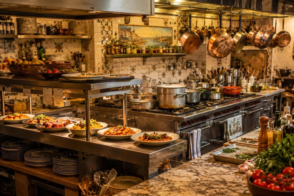 Busy Italian restaurant kitchen with pasta, pizza, and shared preparation equipment