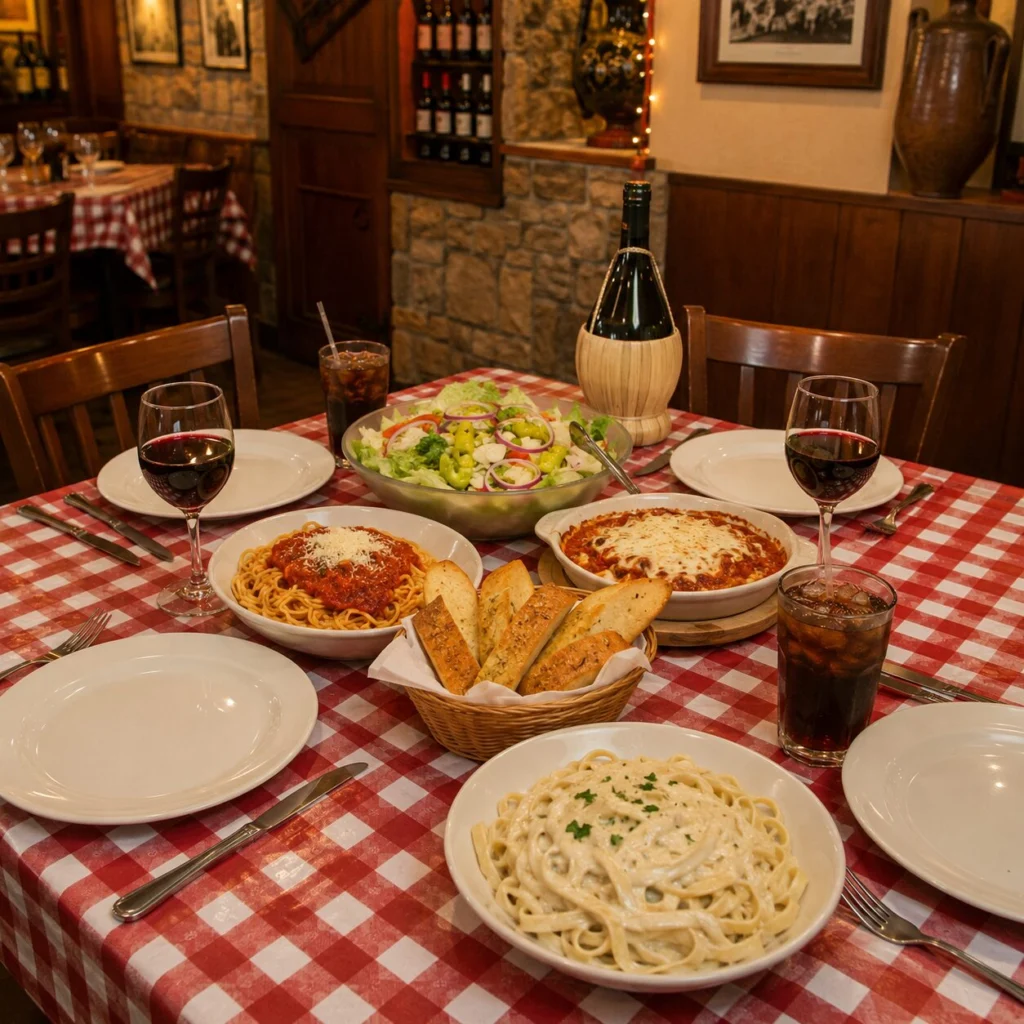 Italian restaurant table with pasta, bread, and shared serving dishes
