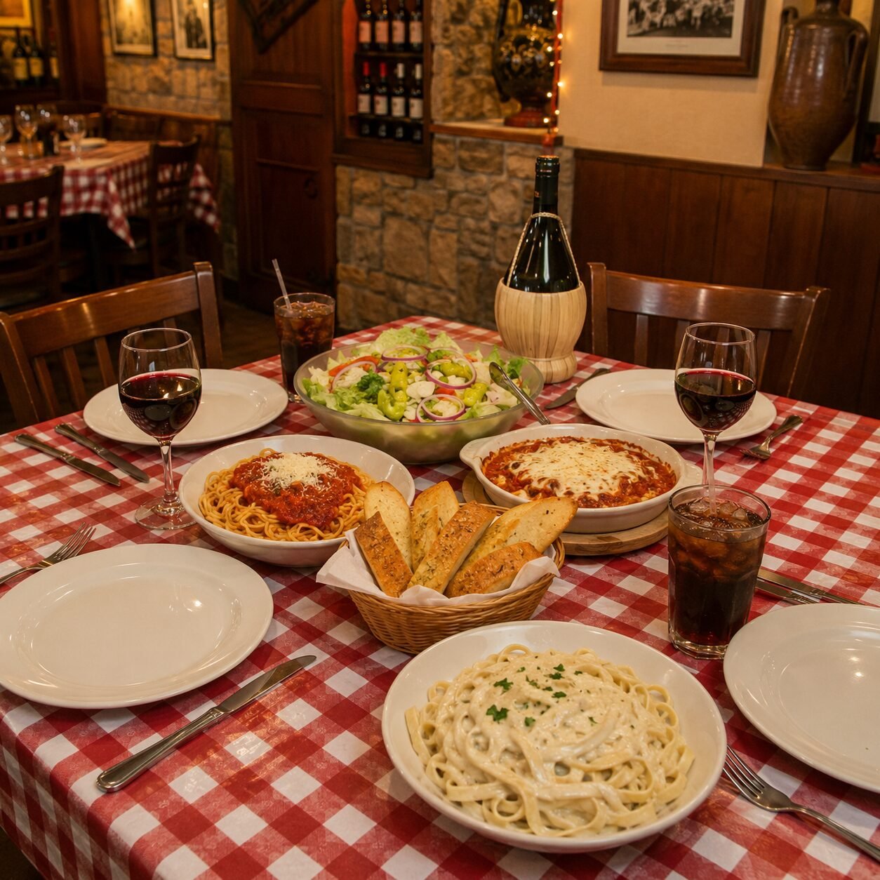 Italian restaurant table with pasta, bread, and shared serving dishes