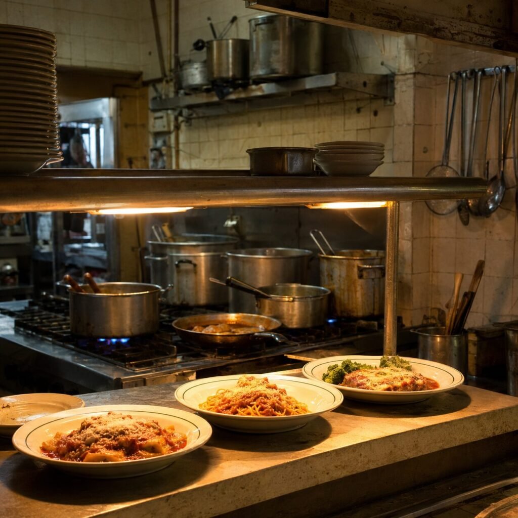 Italian restaurant pasta station with pots, strainers, and shared equipment