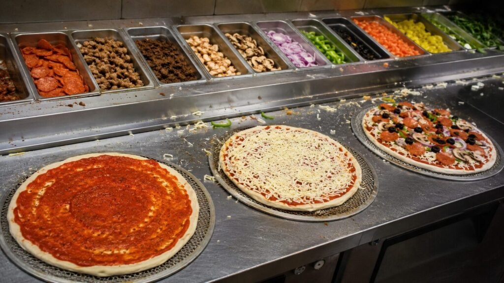 Italian restaurant pizza prep line with flour, toppings, and shared work surfaces