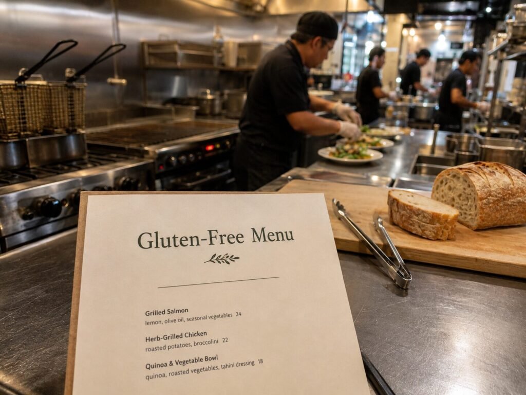 Gluten-free menu beside bread and shared utensils in a busy restaurant kitchen
