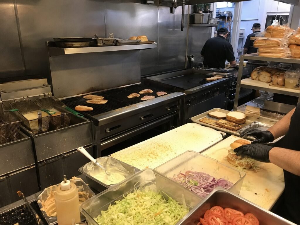 Busy restaurant kitchen during a crowded service period