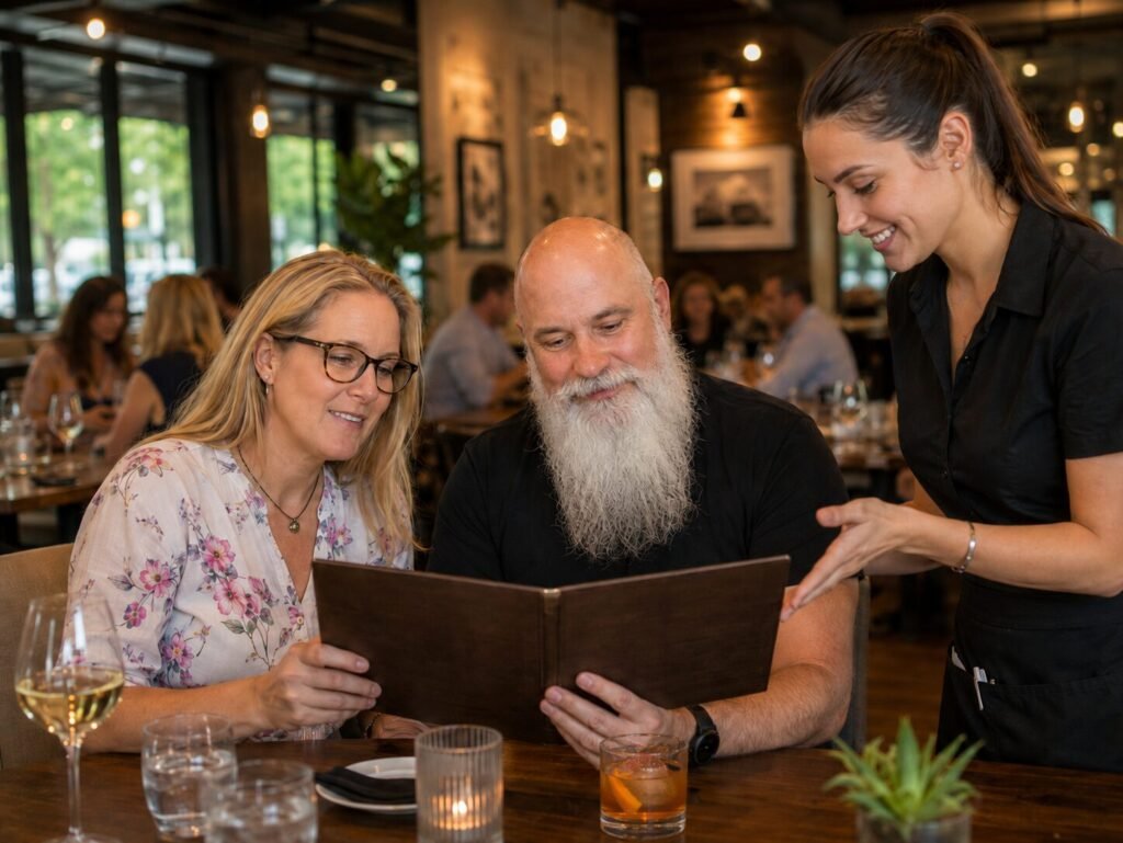 Gluten-free traveler reviewing a restaurant menu before ordering