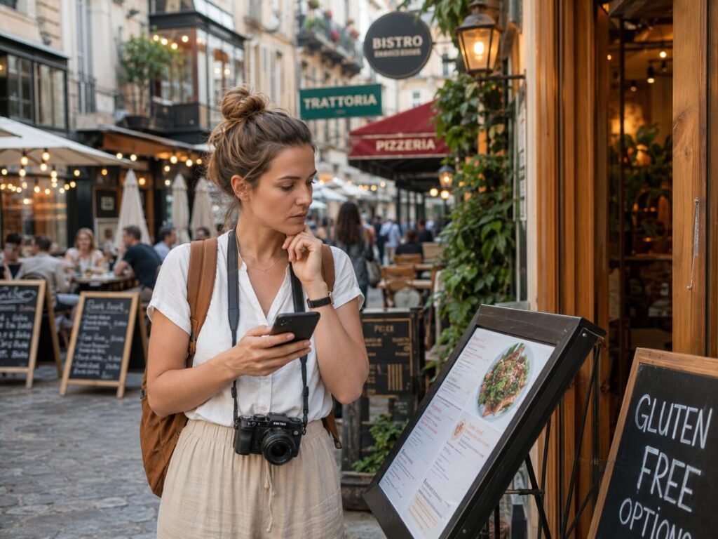 Traveler comparing restaurant choices and gluten-free menu information