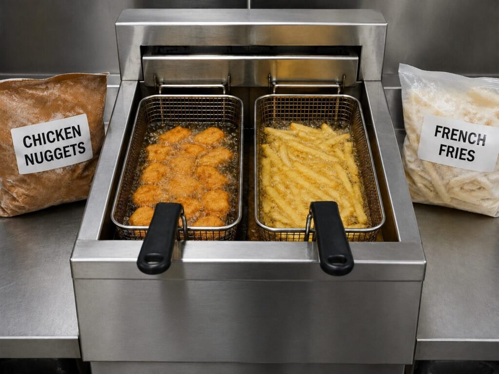 French fries and breaded food cooking in separate baskets that share the same fryer oil