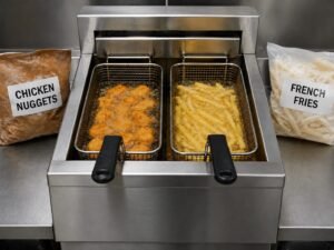 Chicken nuggets and french fries cooking in separate baskets that share the same fryer oil