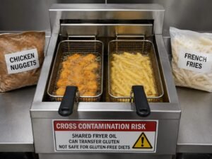 Labeled fryer diagram showing shared oil, baskets, utensils, and post-frying handling risks