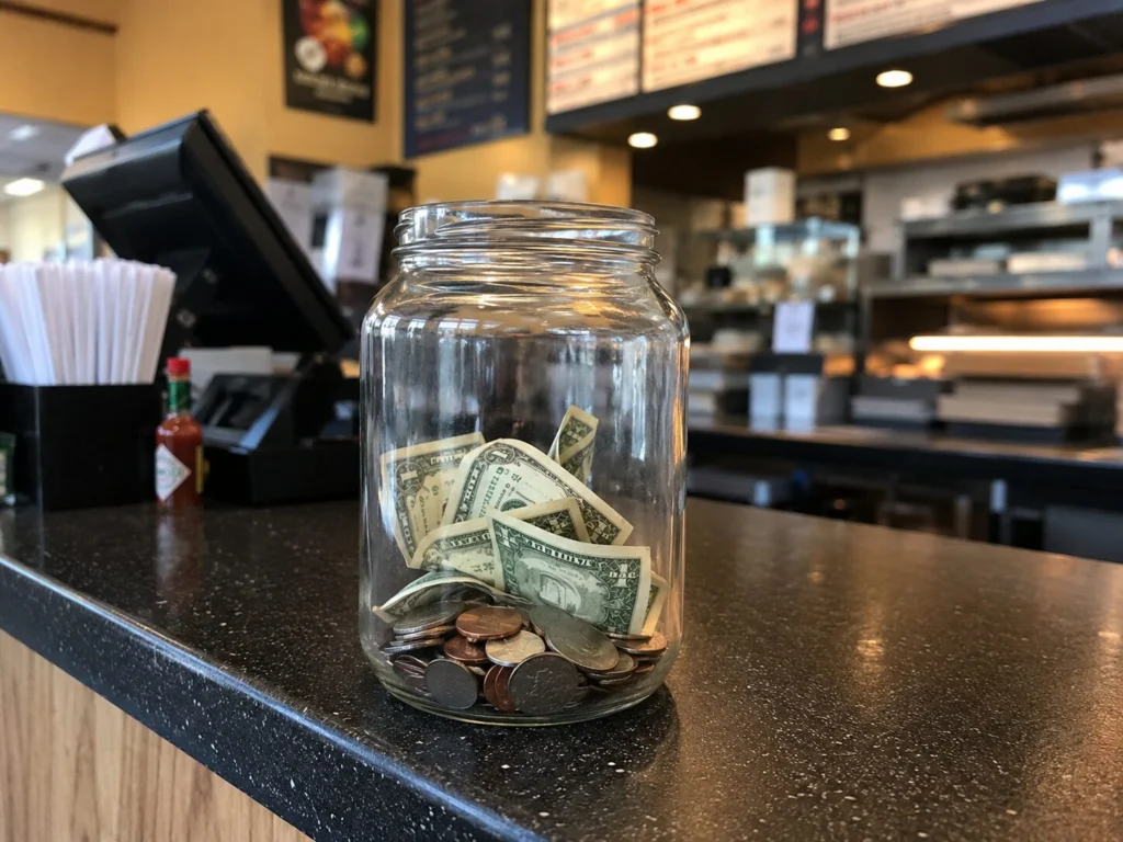 Tip jar at a restaurant counter recognizing attentive gluten-free service