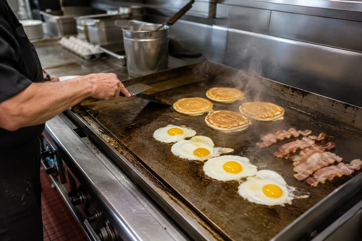 Diner breakfast griddle with shared cooking surfaces