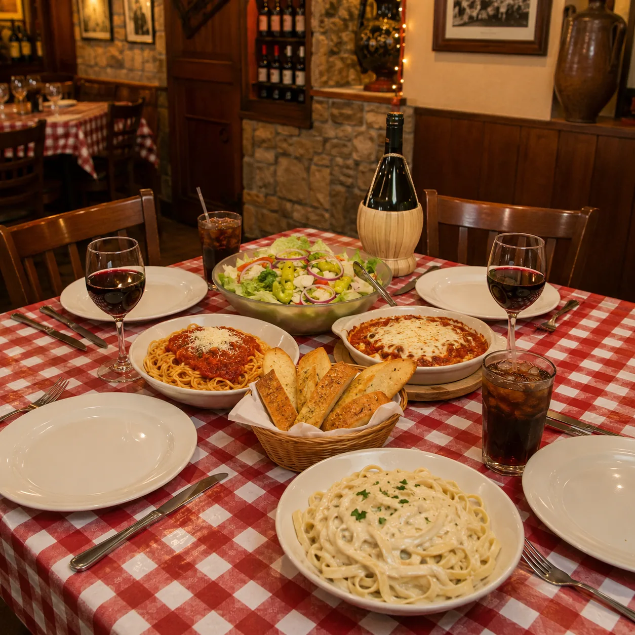 Italian restaurant table with pasta and shared serving dishes